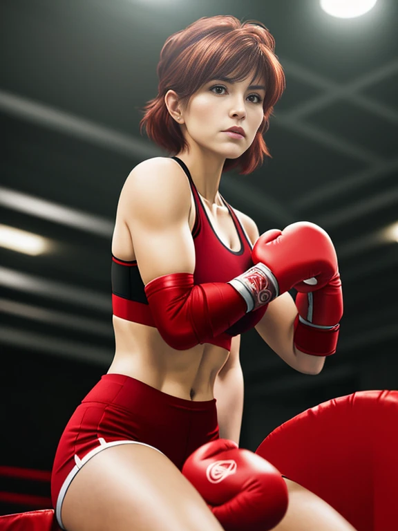 Mature boxer. Her hair color is reddish brown. (shortcut)). ((Wearing red boxing gloves)). (wearing a black sports bra). Muscle. ((One woman)). Well-shaped boxing gloves. Corners of the ring. Sitting on a stool on the ring. Interval. Both arms are lowered. Calm look. Quiet breathing