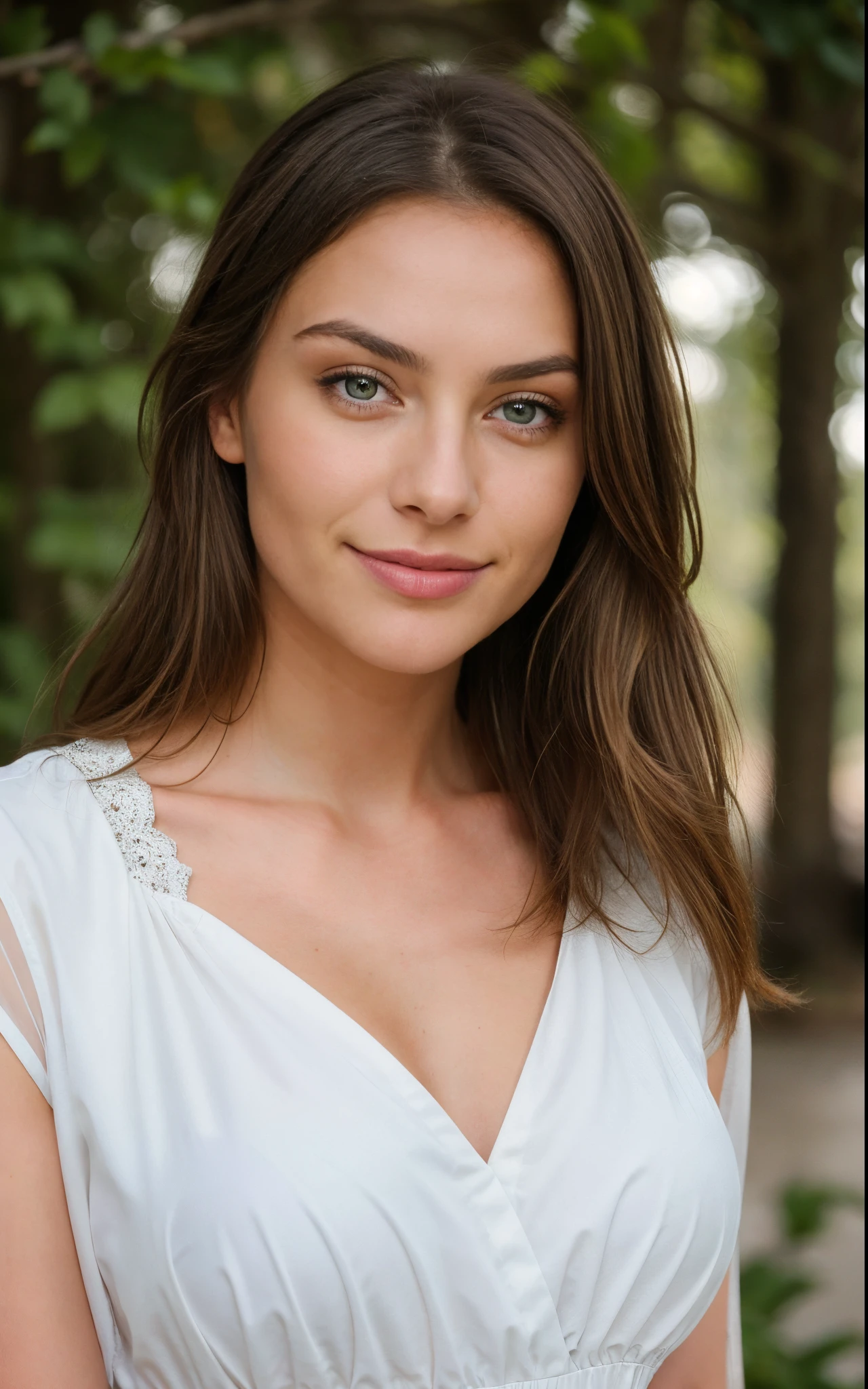 Beautiful brunette with blonde highlights (in a beautiful dress), sehr detailliert, 22 Jahre, Unschuldiges Gesicht, schokoladenbraunes, gewelltes Haar, green eyes, high resolution, Meisterwerk, best quality, Komplizierte hohe Detailgenauigkeit, sehr detailliert, Scharfer Fokus, Detaillierter Skin, Realistische Hautstruktur, Textur, Detaillierte Augen, Professionell, 4K, charming smile, Schmolllippen, gefilmt auf Canon, 85 mm, light depth of field, Kodak Vision Farbe, Perfectly fitting body, Extrem detailliert, Foto_\(Ultra\), fotoreallistisch, Realistisch, Nachbearbeitung, Maximale Details, Rauhigkeit, wirkliches Leben, Ultra-realistisch, Fotorealismus, Fotografie, 8K UHD, Fotografie