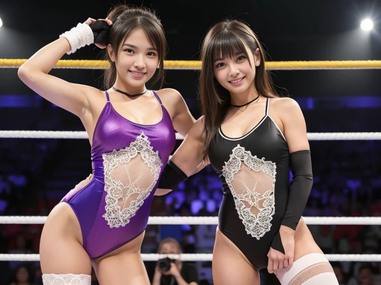 A pretty girl with perfect figure,(Lori,sixteen years old,150cm), (Lori,one piece swimsuit made of lace fabric,), Very small breasts,straight dark-hair,bangss,Stand in the ring of professional wrestling,extremely detailed face and skin, Detailed eyes, Double eyelids,knee high socks,Lace gloves,Nogizaka46,Grinning smile, Slim body, Slender girl, Slim thighs,small hip,Pose with hands on hips in professional wrestling,wrestling tag team