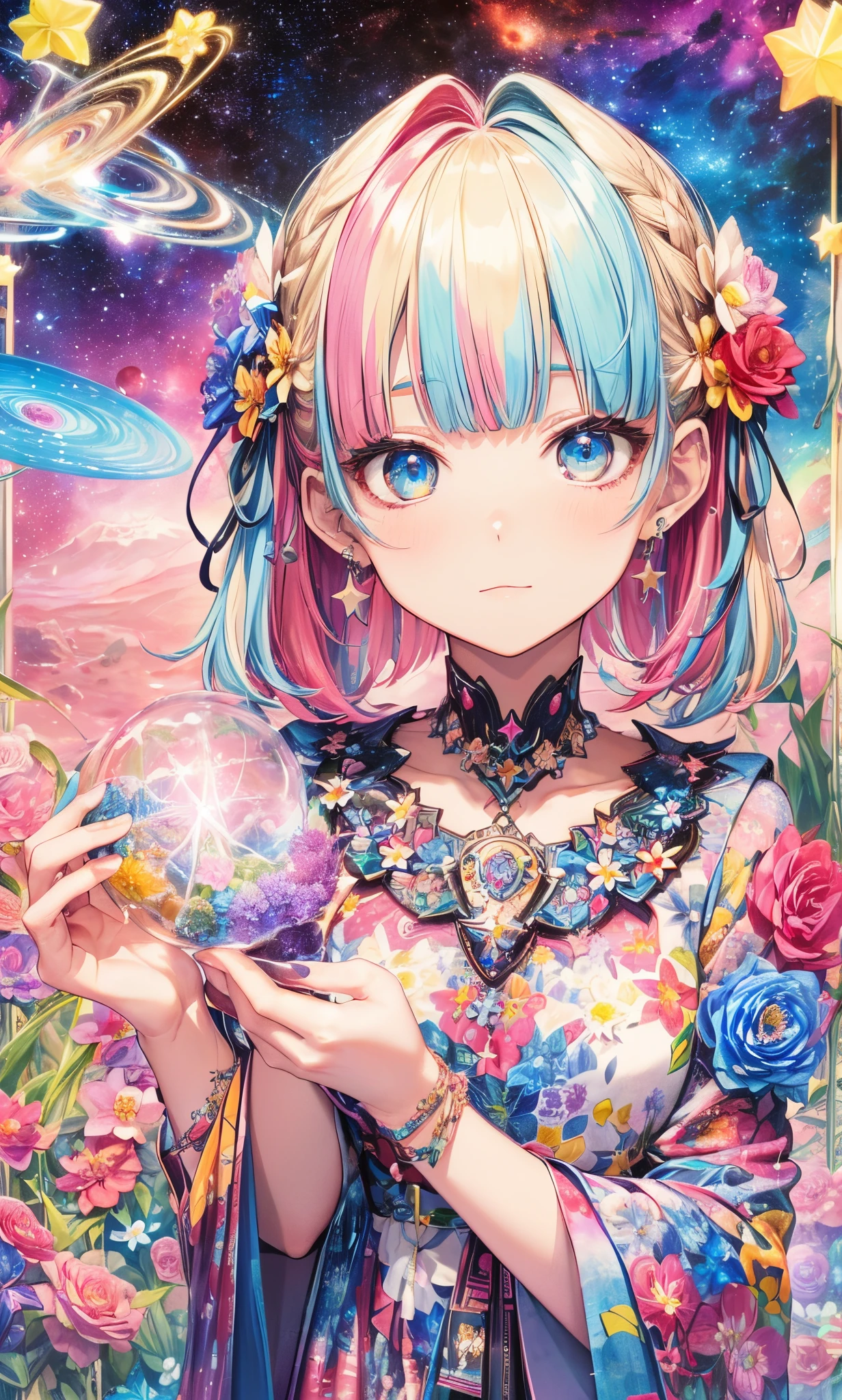 Melody Mark,top-quality、masutepiece、1womanl、独奏、(abstract  art:1.4),(Psychedelia Theme:1.6),(Gunjo World:1.5),(Lots of creatures:1.5),(Space world:1.5),(At the center of the world is the most beautiful woman in the world),(many stars are falling:1.5),A ray of light spreads,Crystals spreading from the center,prisma(Nostalgic landscapes:1.5),(colorful flower:1.5),Garden Girl,absurderes, ultra-detailliert,bright colour, extremely beautiful detailed anime face and eyes,Short hair,asymmetrical bangs, Blonde hair with short twin tails, Shiny hair, Delicate beautiful face, red blush、Blue eyes, White skin, hair clips, earrings, a necklace,