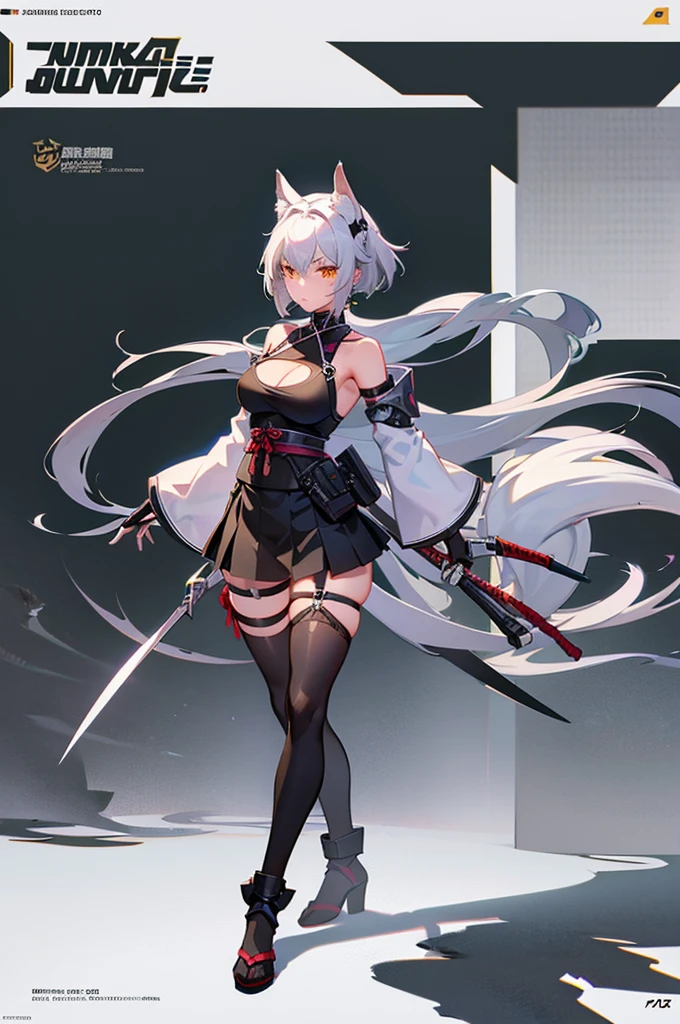 ((Masterpiece)), (Best Quality), Solo, miosha1, hair ornament, ponytail, wolf tail, swimsuit, white shorts, thigh strap, black jacket, leaf print, collar, string bikini, (NSFW:1.2)