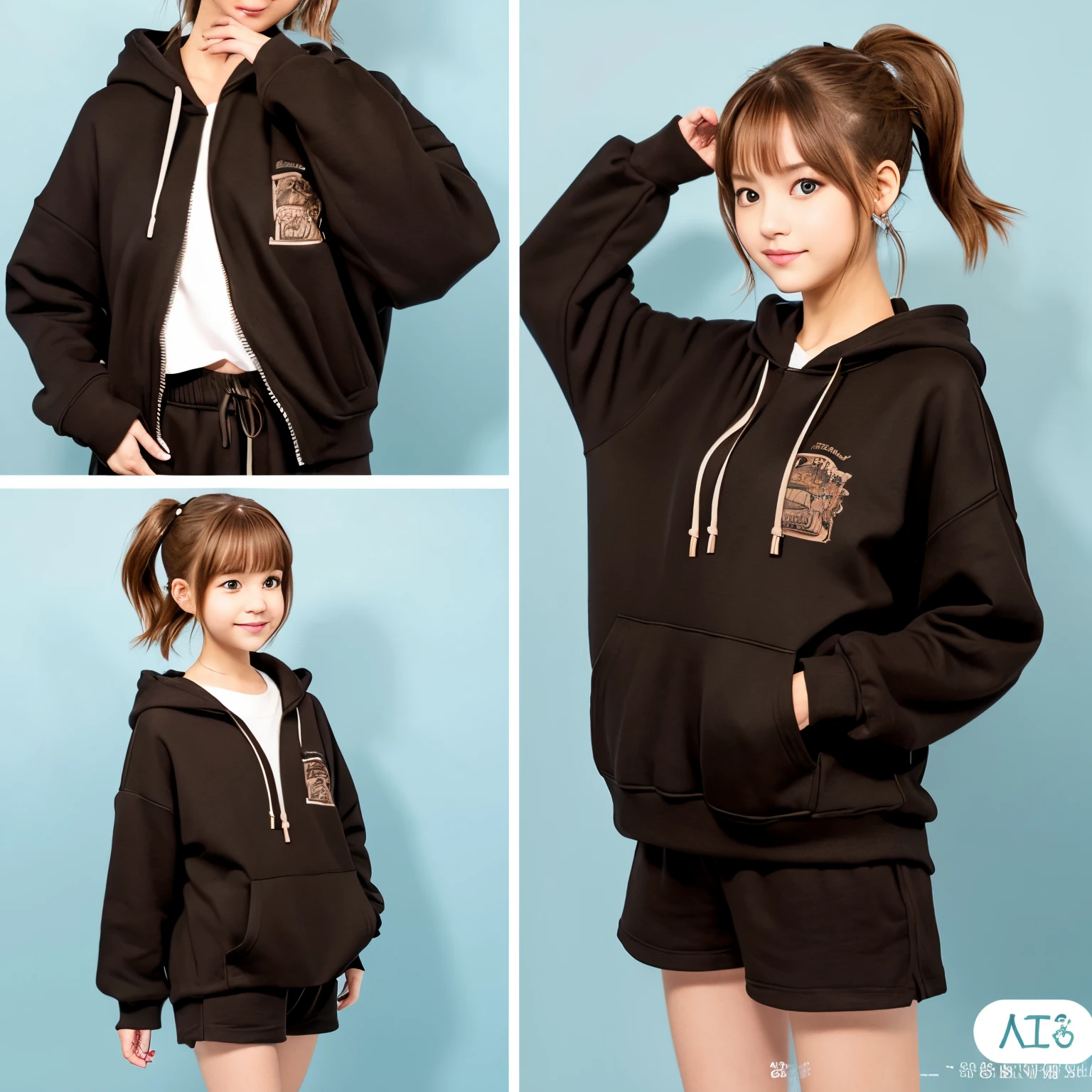 Brown hair、poneyTail、Black hoodie、short pants、girl with、kawaii、charicature