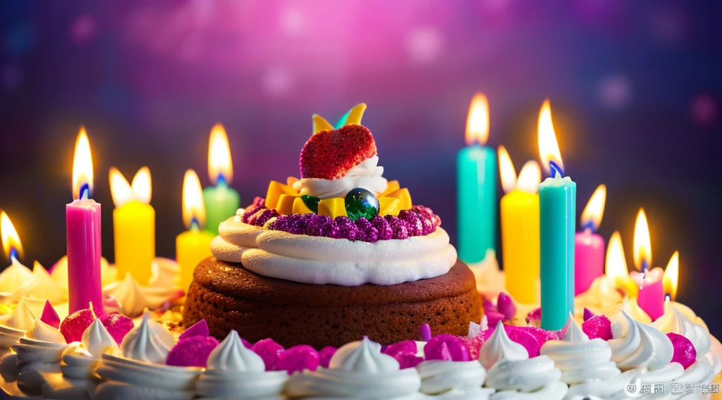 7 girl birthday,Colorful children's birthday cake,Burning candles,7 candles,Widescreen,Cream details,It's set with sparkling gemstones, Background lights, Best quality at best, Anatomical correct,close up photograph, Ultra-detailed rendering, tmasterpiece、Epic work, Best quality at best, 4K