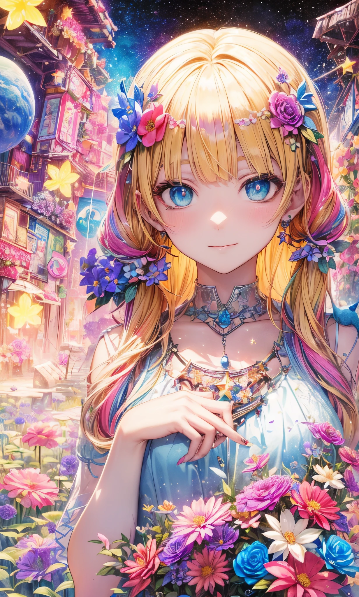 Melody Mark,top-quality、masutepiece、1womanl、独奏、(abstract  art:1.4),(Psychedelia Theme:1.6),(Gunjo World:1.5),(Lots of creatures:1.5),(Space world:1.5),(At the center of the world is the most beautiful woman in the world),(many stars are falling:1.5),A ray of light spreads,Crystals spreading from the center,prisma(Nostalgic landscapes:1.5),(colorful flower:1.5),Garden Girl,absurderes, ultra-detailliert,bright colour, extremely beautiful detailed anime face and eyes,Short hair,asymmetrical bangs, Blonde hair with short twin tails, Shiny hair, Delicate beautiful face, red blush、Blue eyes, White skin, hair clips, earrings, a necklace,