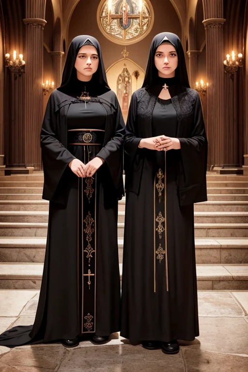 sisters of different ages, lesbians, black hair, long hair, sexy, curvy, witches, vampire, catholic, christ, saint, cult, blood, bite, gothic, evil, full body