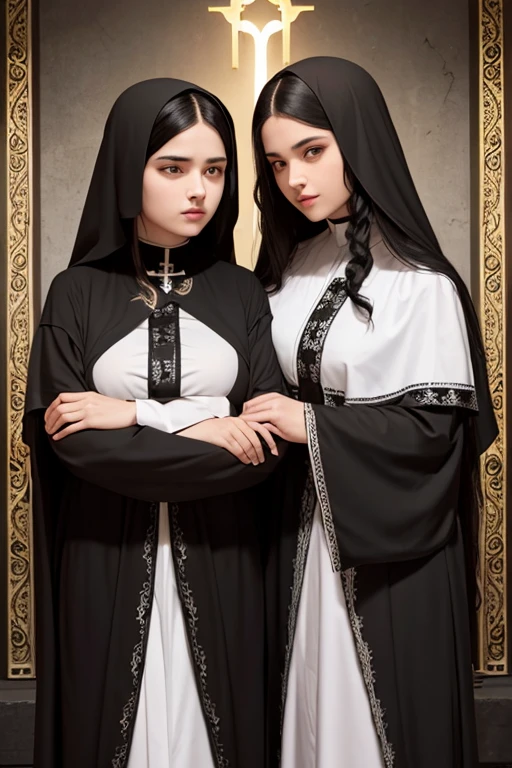 sisters of different ages, lesbians, black hair, long hair, arrogant, sexy, curvy, witches, vampire, catholic, christ, saint,  cult, blood, bit, orgy,  gothic, evil, full body