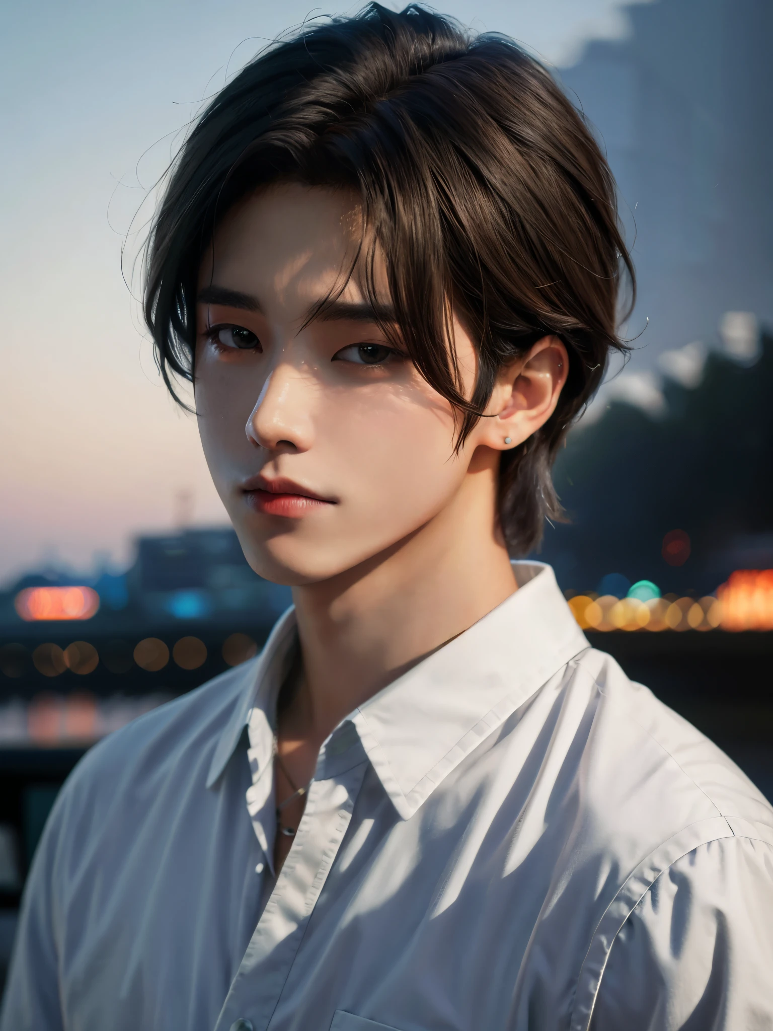 jovem arafado com camisa branca e uma cidade ao fundo, foto retrato suave 8 k, cara perfeita e ******, retrato de alta qualidade, retrato bonito-fino-face, Ulzzang macho, Retrato anime de um homem bonito, Aesthetic portraiture, handsome prince, delicate androgynous prince