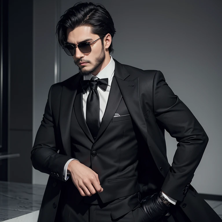 25 year old man, masculine feature, medium black hair, muscular body, wearing 3 pieces black suit with long coat jacket, wearing expensive aviator glasses, stubble beard, facing forward