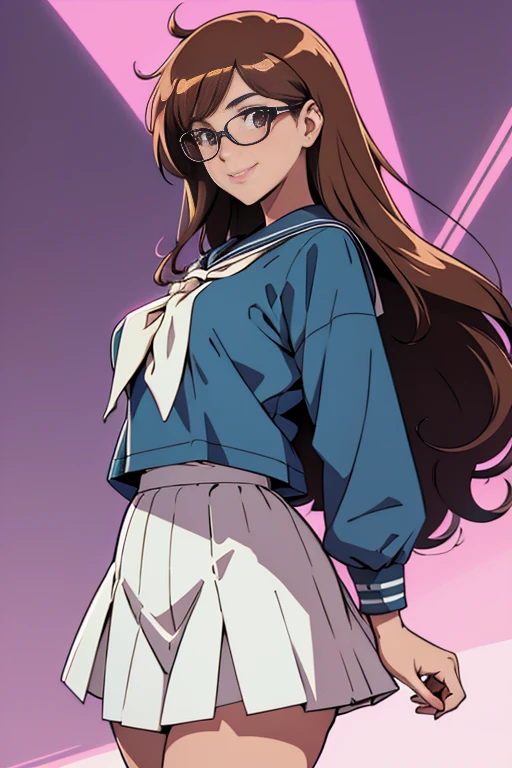 Pretty girls in 80s anime, 80s anime fog, Static is like an anime from the 80s, 80s of the 20th century \(styled\), Smiling, long whitr hair, action anime, Thigh thick, intricate layers, 80s ova, Thick lips, a skirt, Schoolgirl Outfitting, schoolgirl sailor outfit, Young girls, brunette color hair, eye glass, nerdy woman