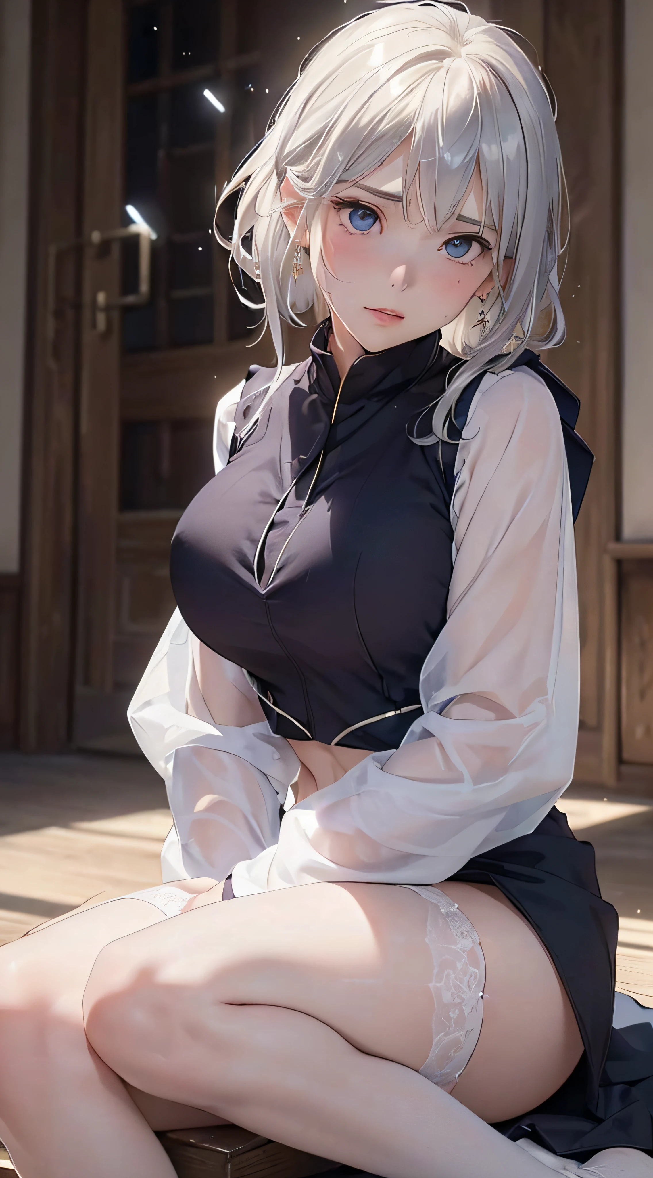 (masutepiece: 1.3), (max resolution: 1.2), (Ultra HDTV: 1.2), cinematric light, 8K resolution, Detailed eyes and skin, detailed facial features, , (Sharp Focus: 1.2）, (Focus on Face:1.2),Perfect Style, Beautiful face, acurate, Anatomically correct, Highly detailed face and skin texture, Detailed eyes, Double eyelids, Thin eyebrows, Glitter Eyeliner: 1 Natural cheeks, Glossy skin, Fair skin: 1.2, (Glossy lips: 1.4),、 (Shy look: 1.2),Highly detailed facial and skin texture, Detailed eyes, Double eyelids, Natural cheeks, , shiny lips: 1.4,Exposed cleavage、Sperm taken、Overflowing sperm、Flowing sperm、 red blush、humiliated、impatience、dismay、Frightened、glares、Sexually arousal、Provocation、embarrassed from、Open knees、open one's legs、 White underwear、White bra、Shiny little earrings and necklaces、Disheveled clothes、Dressing、Exposed panties、Wearing sweat、sodden、Sheer underwear、Stockings、 23 instars, Neat and clean woman,1 persons、 upturned breasts, Back alley、sit in、In daylight、sexy  pose、a blond、A dark-haired、White-silver hair、Blue ash eyes、Green ash eye,(Monastic uniforms:1.3)、Glaring expression、full of sweat、