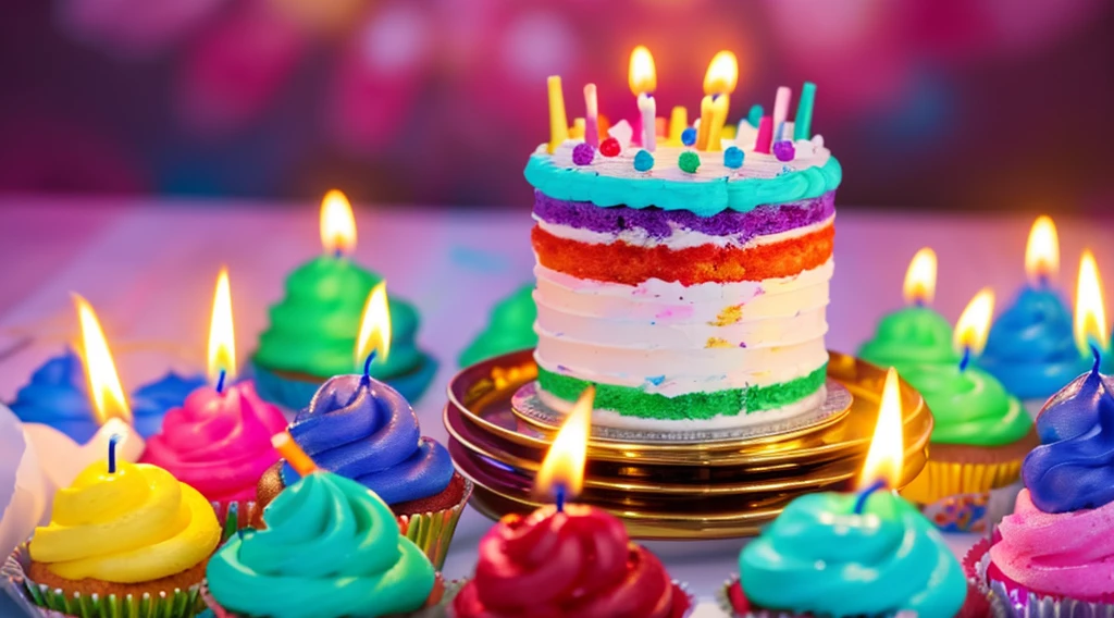 7 year old girl birthday,Colorful children's birthday cake,Burning candles,Cream details,It's set with sparkling gemstones, Background lights, Happy birthday in background,Best quality at best, Anatomical correct,close up photograph, Ultra-detailed rendering, tmasterpiece、Epic work, Best quality at best, 4K