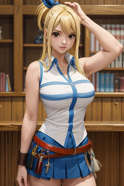 1girl, master part, best quality, Altas, Lucy Heartfilia, blonde hair, cabelos longos, seios grandes, camisa branca, Mangas, belt, saia azul, cowboy shot, Standing, Olhando para o Viewer, ao ar livre, Acenando, sorrir, boca aberta,