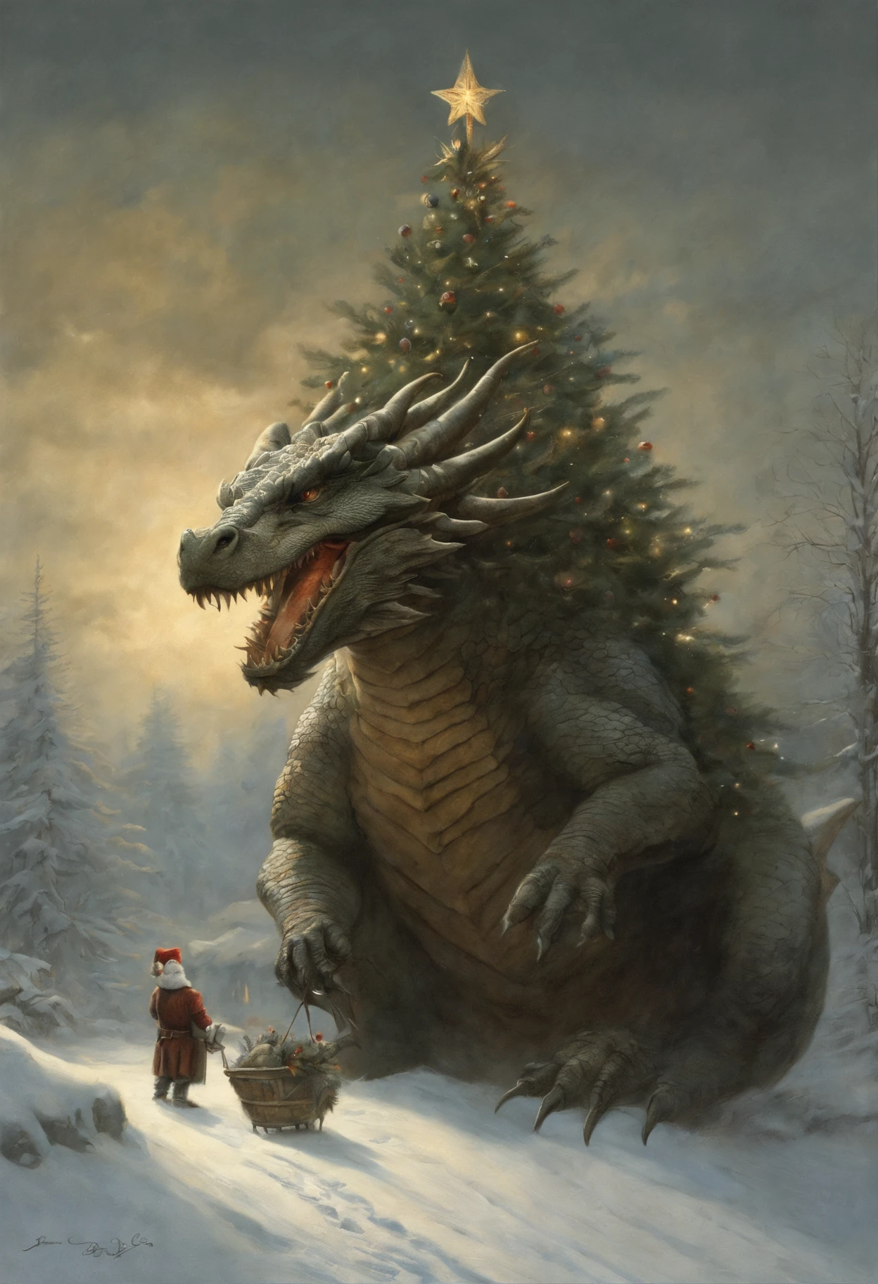 真实感, dark fantasy style, John Tolkien style, Small painting by Jean-Baptiste Monge,Santa Claus riding a dragon steals a Christmas tree, Santa Claus holds the dragon by the horns, dragon - Santa Claus riding a dragon, winter, Snow is falling, huge christmas tree, anatomically correctly drawn body, Looks like an ancient dragon, The city, megalopolis, city trail, Big Christmas tree, glass skyscraper, Jean-Baptiste Monge, anthropomorphic --ar 2:3 --testp -optimistic;
