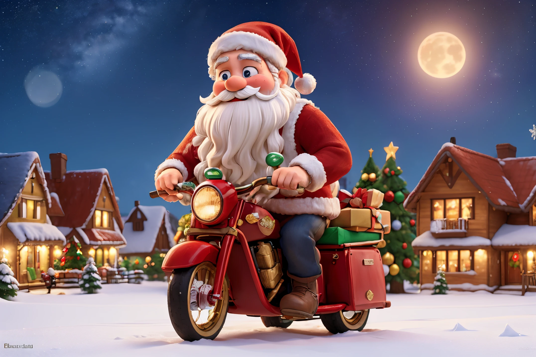 "A bearded Santa Claus riding a bicycle, bring many gifts, At Christmas. (Best quality,4K,8K,A high resolution,tmasterpiece:1.2),ultra - detailed,(actual,realistically,realistically:1.37), joyful expressions, Red and white clothes, Red fluttering face, flash lights, snow covered ground, Magical atmosphere, Enchanted smile, Winter wonderland, Festive celebrations, Happy kids, colorful gifts, starry night sky, Decorate the Christmas tree, Comfortable house, Joyful laughter, jinglebell, snow covered roof, Holiday spirit, Bustling metropolis, Whimsical charm, Joyful and lively."