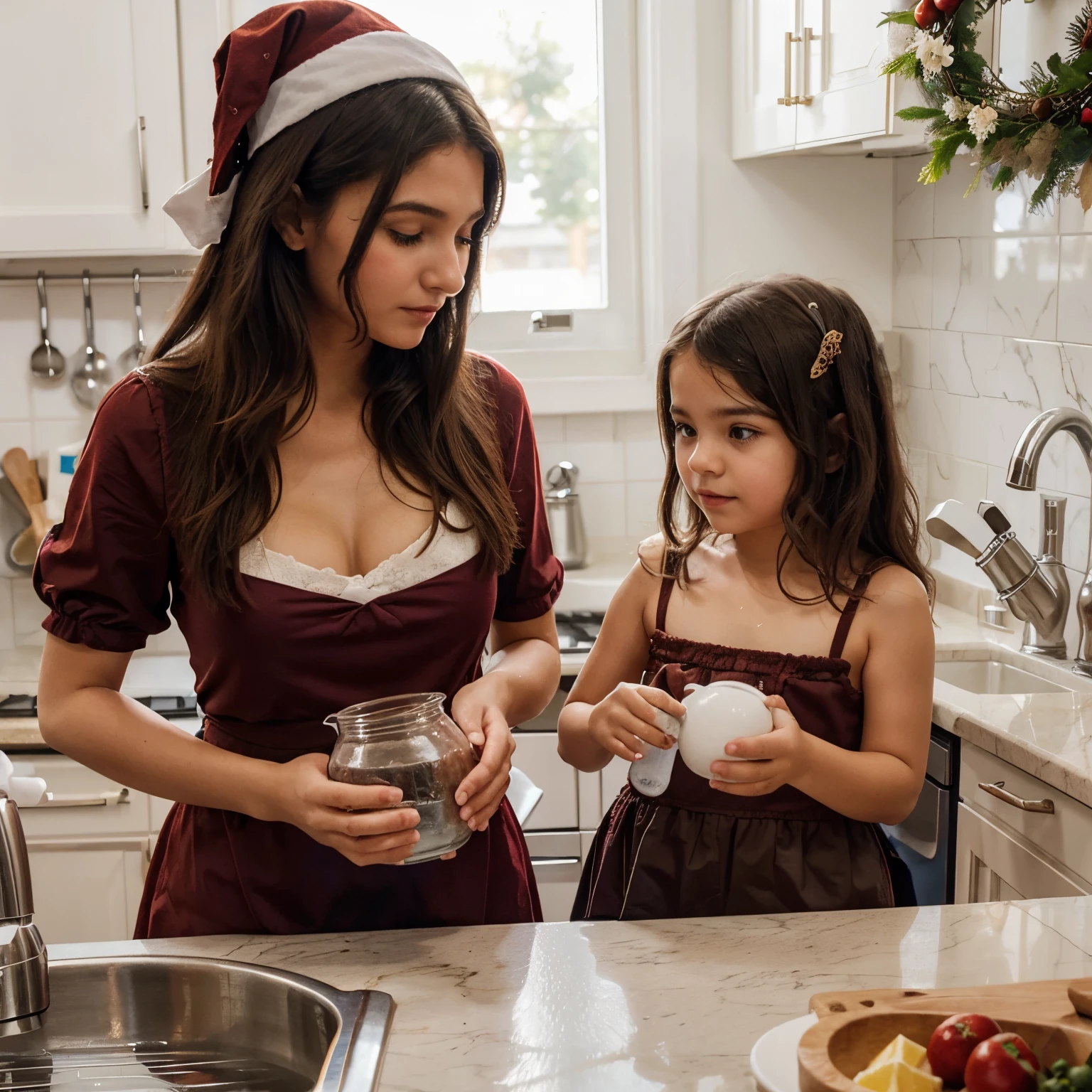 Crie uma jovem e bela Sra.. Noel toda vestida de azul, next to a child, in a modern kitchen holding a jug of water