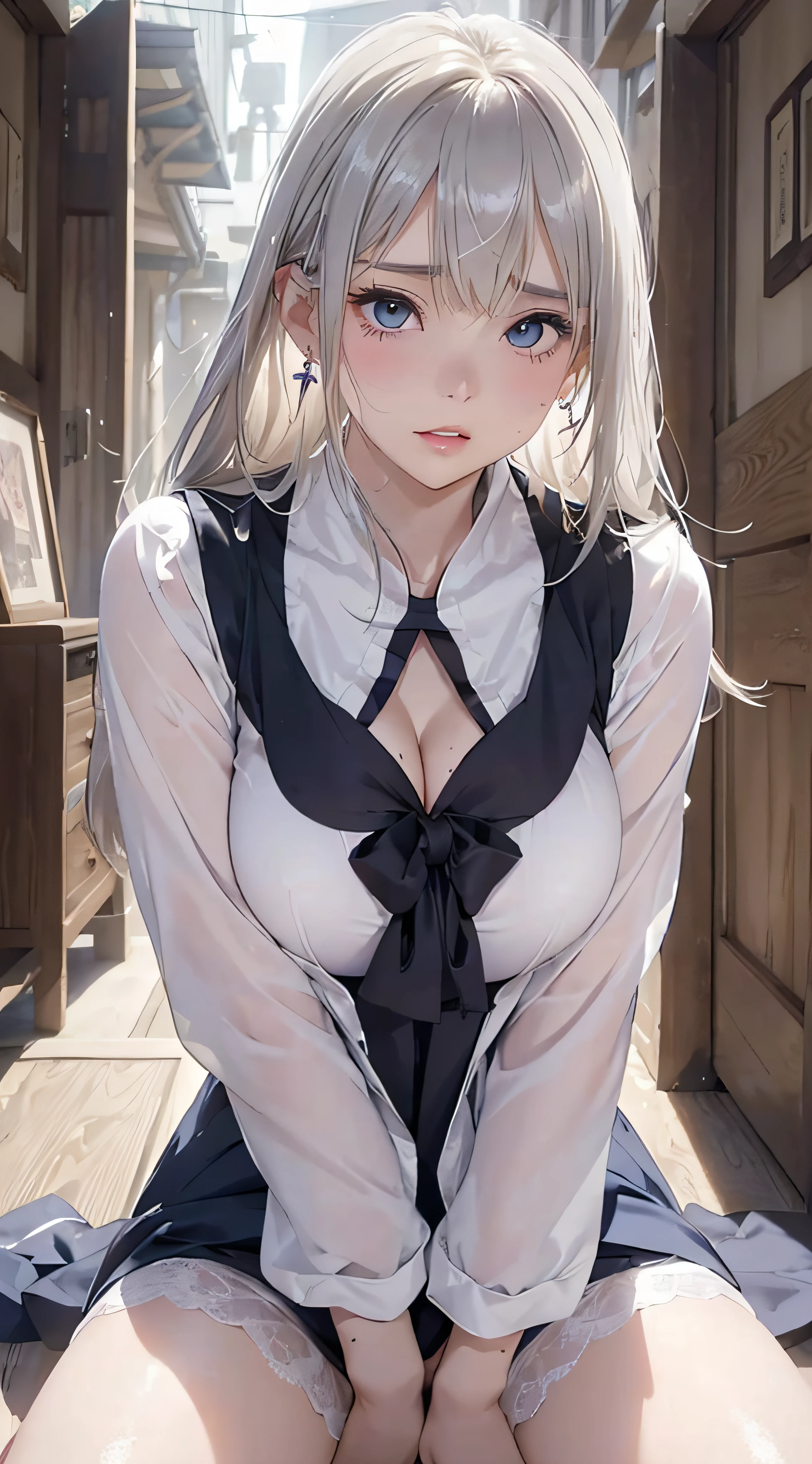 (masterpiece:1.2), (highest quality:1.2) , One girl , Big Breasts, church,  Cowboy Shot, Are standing, Rainy,
(Muscular:0.8),  Crystal Gradient Eye, sunlight, ,From above,Kneel, in a sheer see through wet White shirt,
(Silver Hair:1.25), Gray Hair, Sharp focus, Severe, Disheveled long hair,White shirt,Open clothes, {Fascinating}, ++, Starry Eyes,