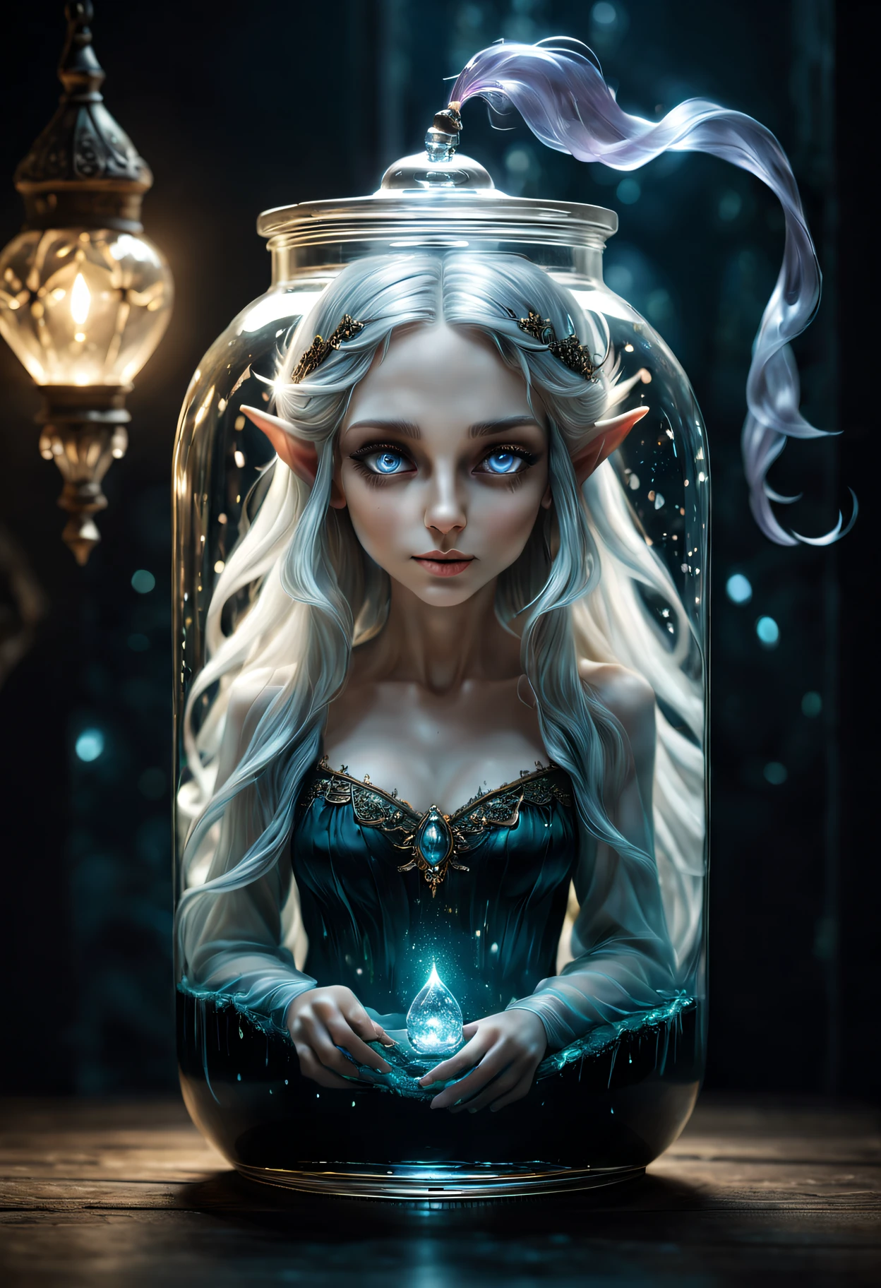 (gothic elf in a jar),Crystal clear glass jar,Beautiful flowing hair floating in the jar,Subtle reflections and refractions in glass,gothic clothing,glowing light eyes,Yellowish complexion,ears of elf,Delicate tiara,flowing dresagia,whimsically,hyper realisitc,The texture is clear,subtle sparkle,Contrast between darkness and light,like a dream,EtherealBeauty,a hint of danger?,(actual,realisticlying:1.37),A high resolution,tmasterpiece:1.2,ultra - detailed,Best quality at best,4K,8K,Ultra-fine painting,