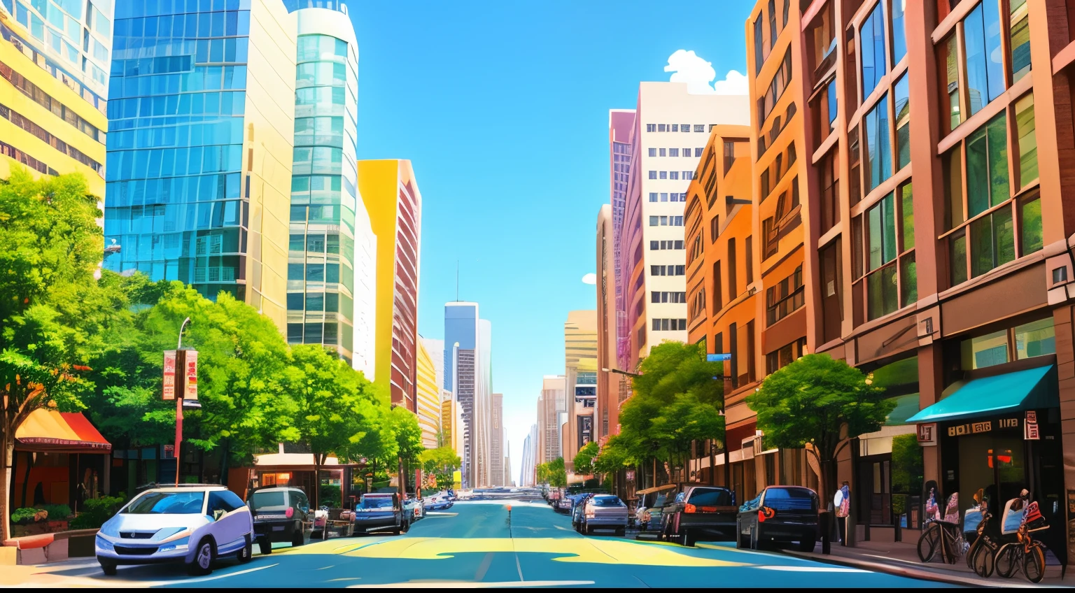 downtown city view street view crowded sunny day vibrant blue tinted colors