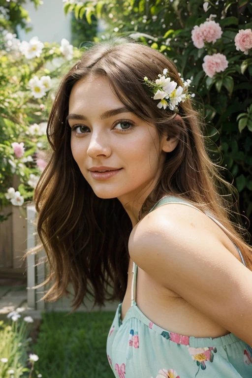A girl in a garden, beautiful detailed eyes, beautiful detailed lips, extremely detailed eyes and face, long eyelashes, sundresses, flowing hair, vibrant colors, soft lighting, warm and sunny atmosphere, playful and carefree expressions, blooming flowers, green grass, a gentle breeze, natural and organic textures, oil painting style, high-res and detailed, vivid and vibrant colors, lively and energetic strokes, joyful and whimsical, reminiscent of a summer day.
