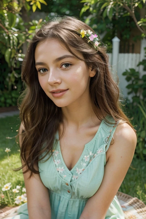 A girl in a garden, beautiful detailed eyes, beautiful detailed lips, extremely detailed eyes and face, long eyelashes, sundresses, flowing hair, vibrant colors, soft lighting, warm and sunny atmosphere, playful and carefree expressions, blooming flowers, green grass, a gentle breeze, natural and organic textures, oil painting style, high-res and detailed, vivid and vibrant colors, lively and energetic strokes, joyful and whimsical, reminiscent of a summer day.