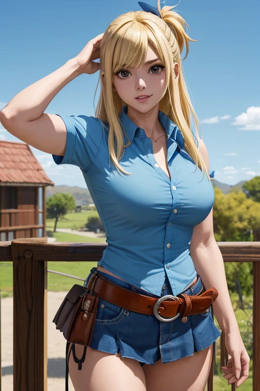 1girl, master part, best quality, Altas, Lucy Heartfilia, blonde hair, cabelos longos, seios grandes, camisa branca, Mangas, belt, saia azul, cowboy shot, Standing, Olhando para o Viewer, ao ar livre, Acenando, sorrir, boca aberta,