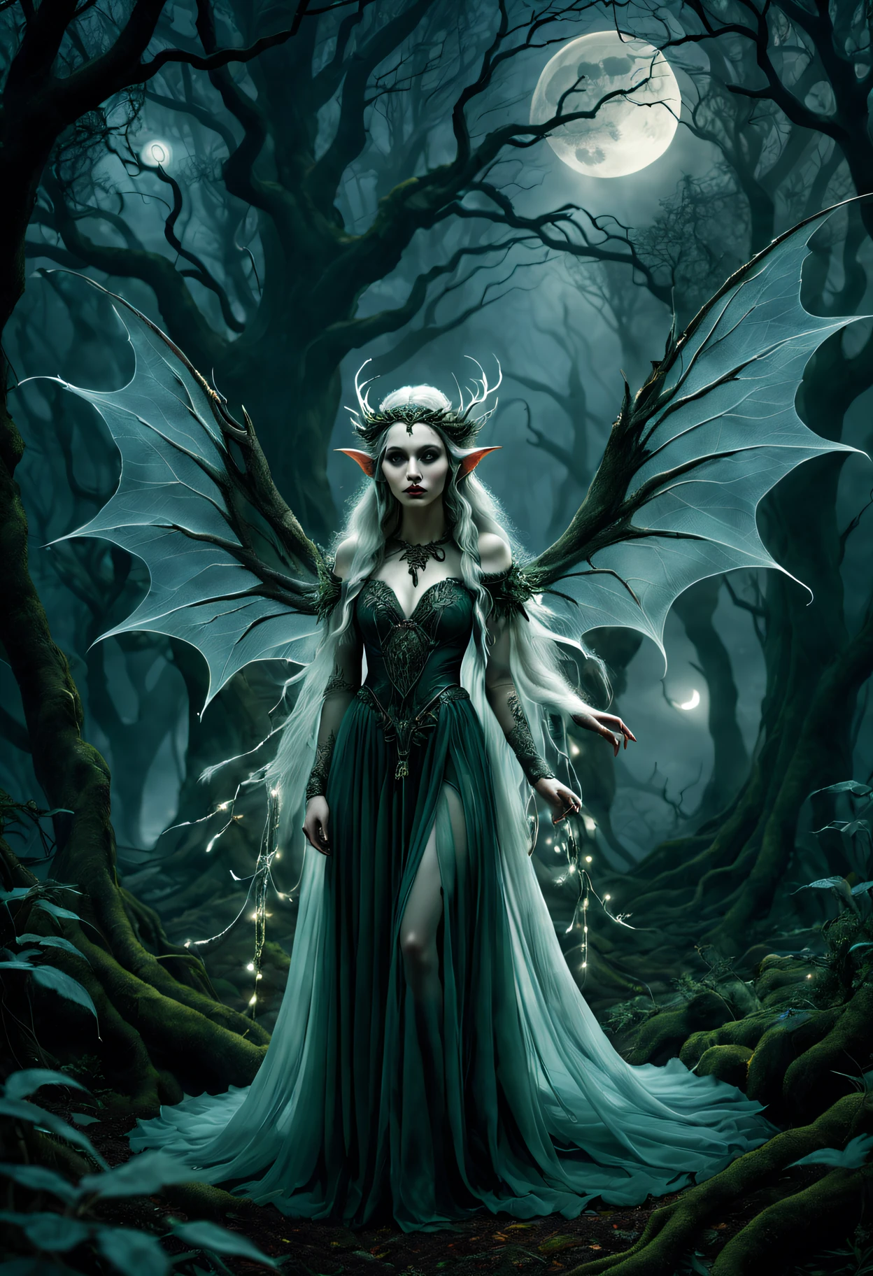 (gothic elf),Dark,Ominous,mistic,an enchanted forest,fog atmosphere,the lush vegetation,age-old tree,rough branches,weird light,hazy tendrils,floating sphere,magia, Ethereal,unforgettably beautiful,elvish ears,Delicate headgear,A flowing dress,moonlit background,enchanting,translucent wings,glowing light eyes,Yellowish complexion,Powerful aura,whispering shadow,elusive existence,Mystic energy,long slim figure,Beautiful movements,Otherworldly,clandestine,a sharp gaze,Tattooed with,moon symbol,Dark eyeliner,Pale lips,eventide,Quiet solitude,Lost in thought,silence and stillness,lightand shade contrast,It's like a dream,EtherealBeauty,Hints of danger