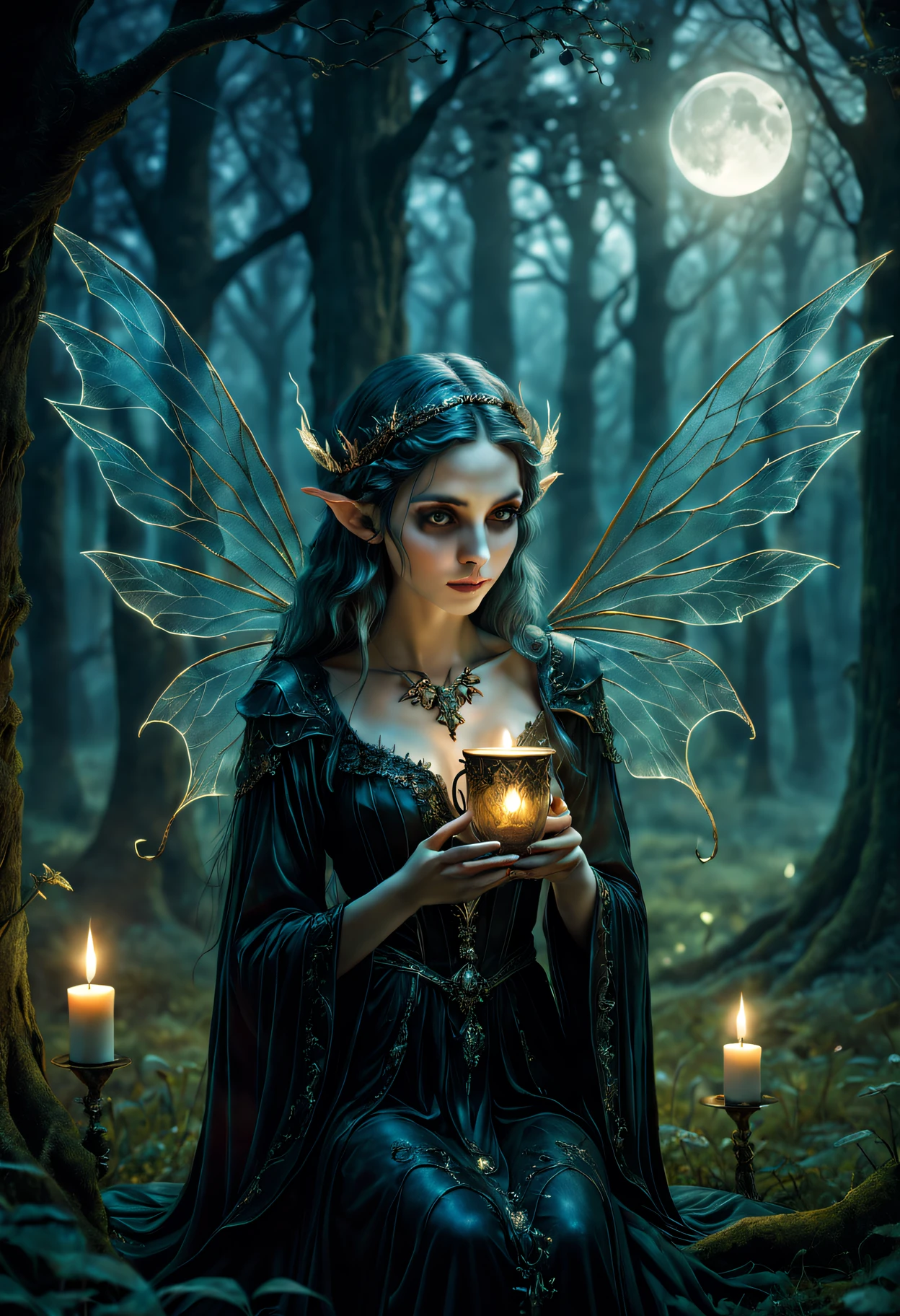 (gothic elf),Ccup,luz de velas,Crystal clear surface,glowing light eyes,delicate wings,dark enchanting forest,evening,soft shade,finely detailled,Charming atmosphere,enigmatic expression,EtherealBeauty,Mysterious charm,vivd colour,magia,Whimsical,ultra-realistic realism,distinct texture,subtle glow,Evocative storytelling,unforgettable,Lost in thought,sublimation,elusive character,Avatar,Fantasy creatures,fairytale-like,Sitting on the moonlit meadow,Majestic trees,Sparkling dust,rays of moonlight,Light pierces the darkness,Captivating melody,Old world charm,Dimensional,eerie,Otherworldly,love of all things mysterious,retrospective,The beauty of contemplation,Noble costumes,gothicarchitecture,Complicated details,mystic symbols,Supernatural existence,Extraordinary,eventide,deep shading,Ethereal presence,Hidden secrets,Fascinating imagination,Beautiful movements,Dark magic,Unforgettable melody,Lonely existence