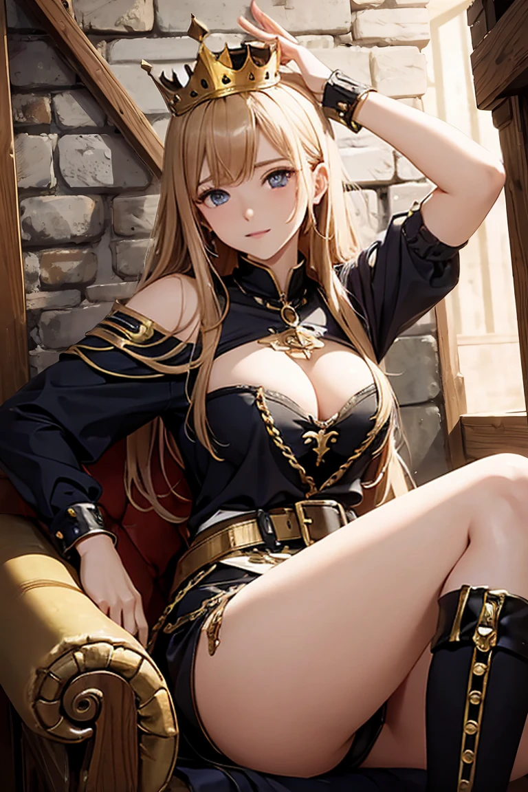 A 40-year-old medieval cyberking, ropa medieval de la realeza, con un braso y un ojo mecanico, a golden crown with a brownish-brown jewel in the center of the crown.