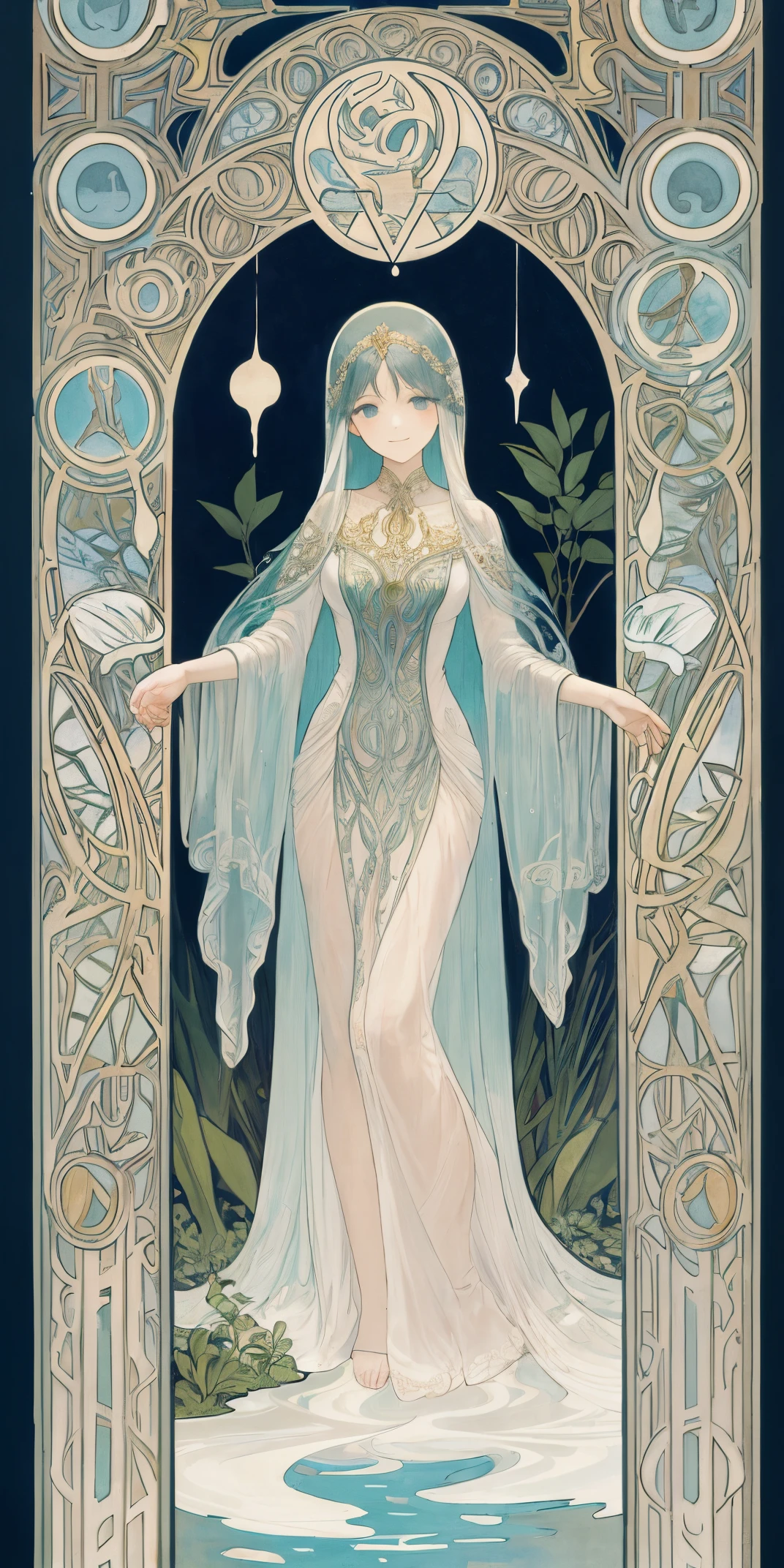 Top quality ultra-fine illustrations by Alphonse Mucha, Art nouveau, bathing in water, beautiful refraction of water, white dress soaked in water, transparent clothing, Delicate and elegant linework, Decoration with plant motifs, Geometric decoration, Poetic atmosphere, Rich colors, Dreamy, mystical, erotic, tarot card(In the forest where the stream flows, Backlighting)(beautiful face and eyes with great detail)(angelic cute girl, solo focus)absurdres, perfect anatomy, full body, Smile(portrait),
