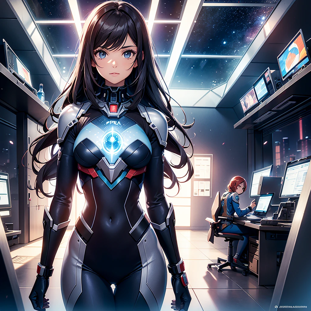 Super robot anime cockpit、A steering system that tracks people's movements、A cable is connected to the pilot's suit.、Japanese women、Anime-like pilot suit、Black Hair、Long Hair、Large monitor in front