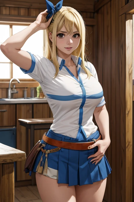 1girl, master part, best quality, Altas, Lucy Heartfilia, blonde hair, cabelos longos, seios grandes, camisa branca, Mangas, belt, saia azul, cowboy shot, Standing, Olhando para o Viewer, ao ar livre, Acenando, sorrir, boca aberta,