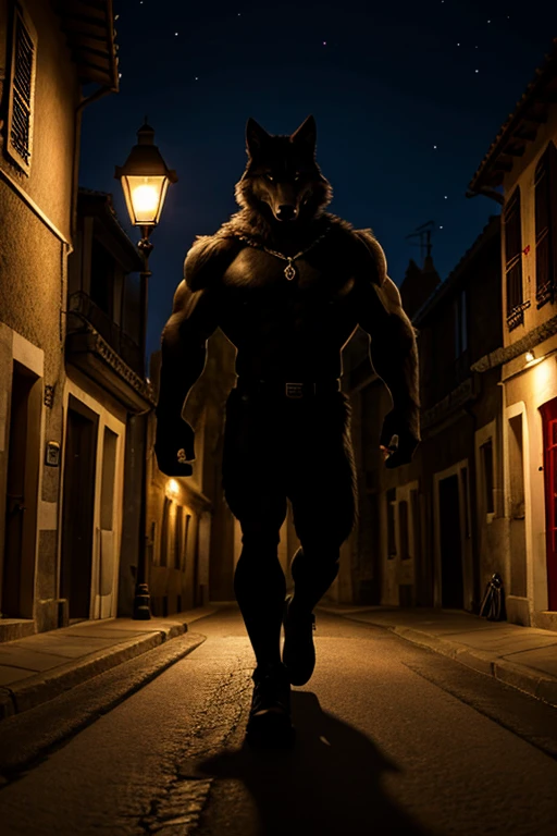 giant black wolf muscular body with red eyes threatening French village street night dim light from street lamps light ground noise