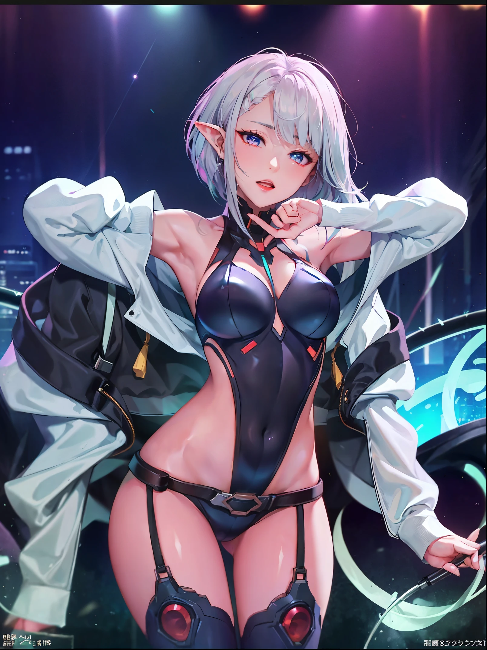 cyber punk, masterpeace, ultra detail, Most of the screen is Geminid meteor shower, a young elf with long silver hair and pointy ears holding a cyber punk tripod microphone stand look up at Geminid meteor shower, She is a very　famous singer, She is wearing a long, flowing white cyber punk dress with a blue cyber punk cape. Her expression is serious and determined, a clear look, futuristic camera,