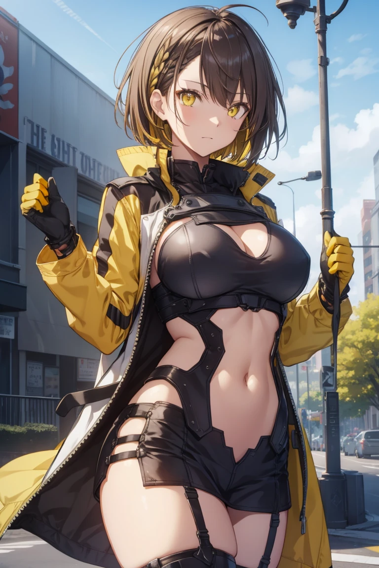 Baltimore, Baltimore, Brown hair, (Yellow eyes:1.5), braid, Ahoge, Short hair, french braids, hair between eye, bob cuts,
break eagle union (emblem), garter strap, Jacket, Navel, Stomach, stomach cutout, thighs thighs thighs thighs, Toned, turret, underboob, underboob cut out, colorful coat, gloves, White Gloves, Long sleeves, coat, Open coat, Open your clothes, Center opening, 
BREAK looking at viewer,
BREAK outdoors,
BREAK (masutepiece:1.2), Best Quality, High resolution, Unity 8k壁纸, (Illustration:0.8), (Beautiful detailed eyes:1.6), extra detailed face, Perfect Lighting, extremely details CG, (Perfect hands, Perfect Anatomy),