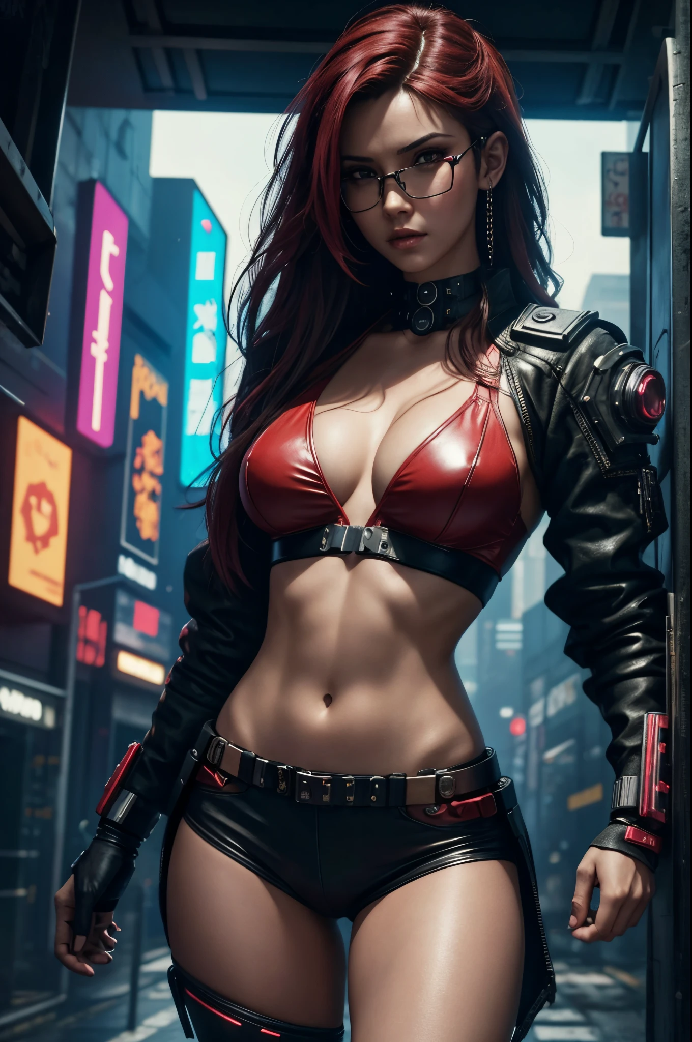8K,A woman wearing a red costume is posing,Super beauty(Like the real thing) very small tits cyberpunk, lean body muscles,real looking skin,Thin glasses,cabelos preto e longos,Black eyes,Female cyberpunk, Demon Slayer,Digital Cyberpunk Anime Art, cyberpunk angry gorgeous goddess, , Digital Cyberpunk Art, Cyberpunk Art, cyberpunk 2 0 y. o model women, dreamy cyberpunk girl, 超A high resolution,A hyper-realistic,very small breasts,Rugged look,Fantasyart,character art,