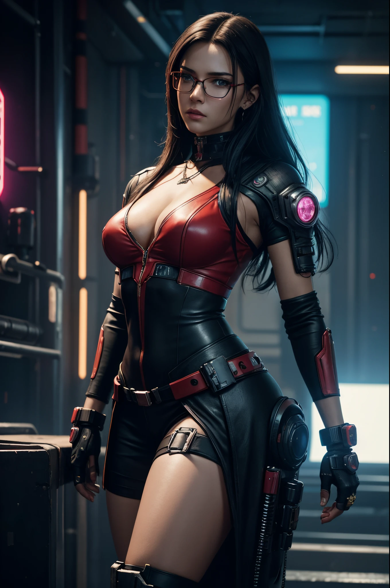 8K,A woman wearing a red costume is posing,Super beauty(Like the real thing) very small tits cyberpunk, lean body muscles,real looking skin,Thin glasses,cabelos preto e longos,Black eyes,Female cyberpunk, Demon Slayer,Digital Cyberpunk Anime Art, cyberpunk angry gorgeous goddess, , Digital Cyberpunk Art, Cyberpunk Art, cyberpunk 2 0 y. o model women, dreamy cyberpunk girl, 超A high resolution,A hyper-realistic,very small breasts,Rugged look,Fantasyart,character art,