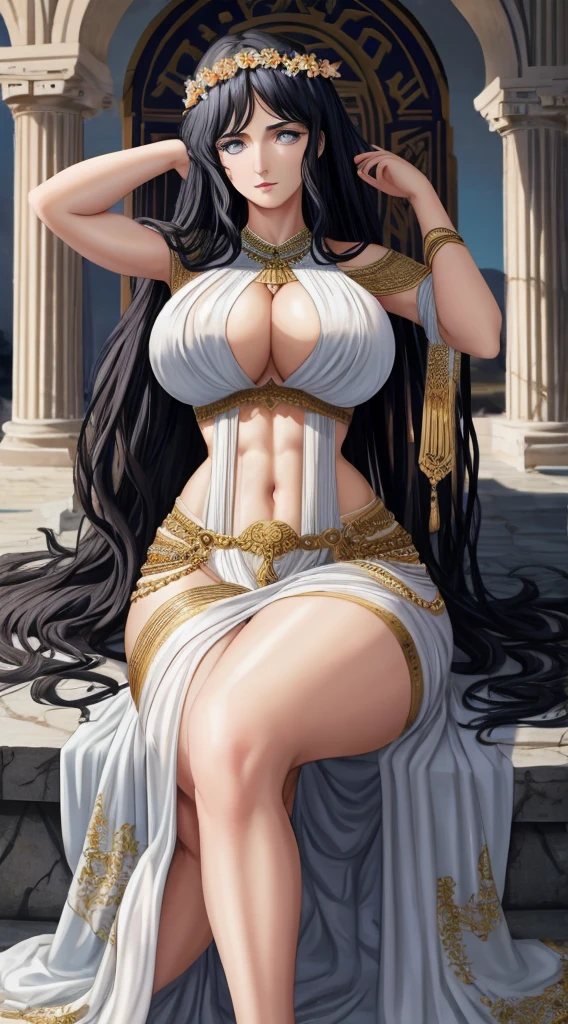Greek goddess Aphrodite, serious and sexy face, has a face of supernatural beauty and long curly black hair decorated with flowers, as well as blue eyes. (perfect anatomy) , (perfect eyes) Her figure is extremely voluptuous, Gigantic breasts, Heavy breasts, Hip fitness, Cracked abdominal muscle, White silk dress, big abs muscle, she sits on her great throne of Greek marble, work of art.