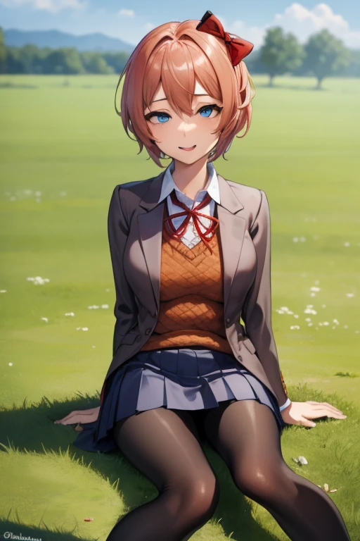 ddlcsayori, ddlcsayori, blue eyes, hair between eyes, hair bow, hair ornament, pink hair, ((red bow:1.4)), short hair,
BREAK blue skirt, pleated skirt, school uniform, skirt, brown jacket, jacket,
BREAK looking at viewer,
BREAK playground background, outdoors,
BREAK (masterpiece:1.2), best quality, high resolution, unity 8k wallpaper, (illustration:0.8), (beautiful detailed eyes:1.6), extremely detailed face, perfect lighting, extremely detailed CG, (perfect hands, perfect anatomy), ((sitting on grass:1.4)), ((black pantyhose:1.4)) ahg, 
rolling eyes, tongue, ((ahegao:1.5)), ((Show legs:1.4)), ((black loafers:1.4)),