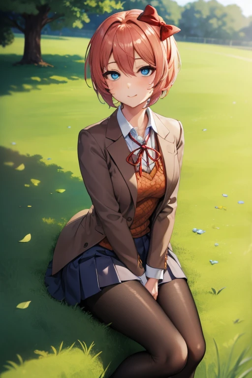 ddlcsayori, ddlcsayori, blue eyes, hair between eyes, hair bow, hair ornament, pink hair, ((red bow:1.4)), short hair,
BREAK blue skirt, pleated skirt, school uniform, skirt, brown jacket, jacket,
BREAK looking at viewer,
BREAK playground background, outdoors,
BREAK (masterpiece:1.2), best quality, high resolution, unity 8k wallpaper, (illustration:0.8), (beautiful detailed eyes:1.6), extremely detailed face, perfect lighting, extremely detailed CG, (perfect hands, perfect anatomy), ((lying on back on grass:1.4)), ((hands on chest:1.4)), ((black stockings:1.4)) ((ahegao:1.5)), ((Show legs:1.4)), ((black loafers:1.4)), ((sky from above:1.4)), ((smug face:1.4))