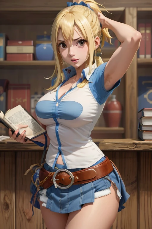 1girl, master part, best quality, Altas, Lucy Heartfilia, blonde hair, cabelos longos, seios grandes, camisa branca, Mangas, belt, saia azul, cowboy shot, Standing, Olhando para o Viewer, ao ar livre, Acenando, sorrir, boca aberta,