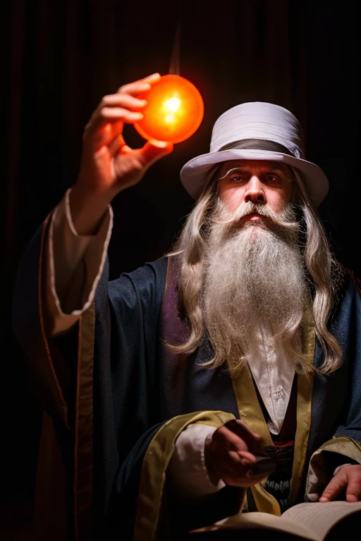Best Quality,High quality,hight resolution,hyper realistic photography, Raw photography, top-quality), detailliert, nffsw, Cinematic lighting, foco nítido,Convoluted, young wizard with long white hair and beard, An attractive face loved by everyone、dark wizard robe and hat, hand holding floating object, A hand holding a bright red crystal floating in front of me, a closeup, in the dim room, Magician's Room, brightened light, Flashing light,