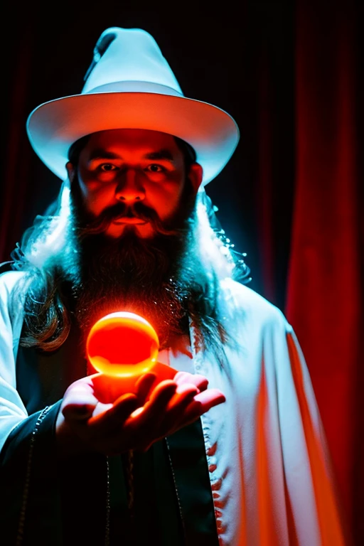 Best Quality,High quality,hight resolution,hyper realistic photography, Raw photography, top-quality), detailliert, nffsw, Cinematic lighting, foco nítido,Convoluted, young wizard with long white hair and beard, An attractive face loved by everyone、dark wizard robe and hat, hand holding floating object, A hand holding a bright red crystal floating in front of me, a closeup, in the dim room, Magician's Room, brightened light, Flashing light,