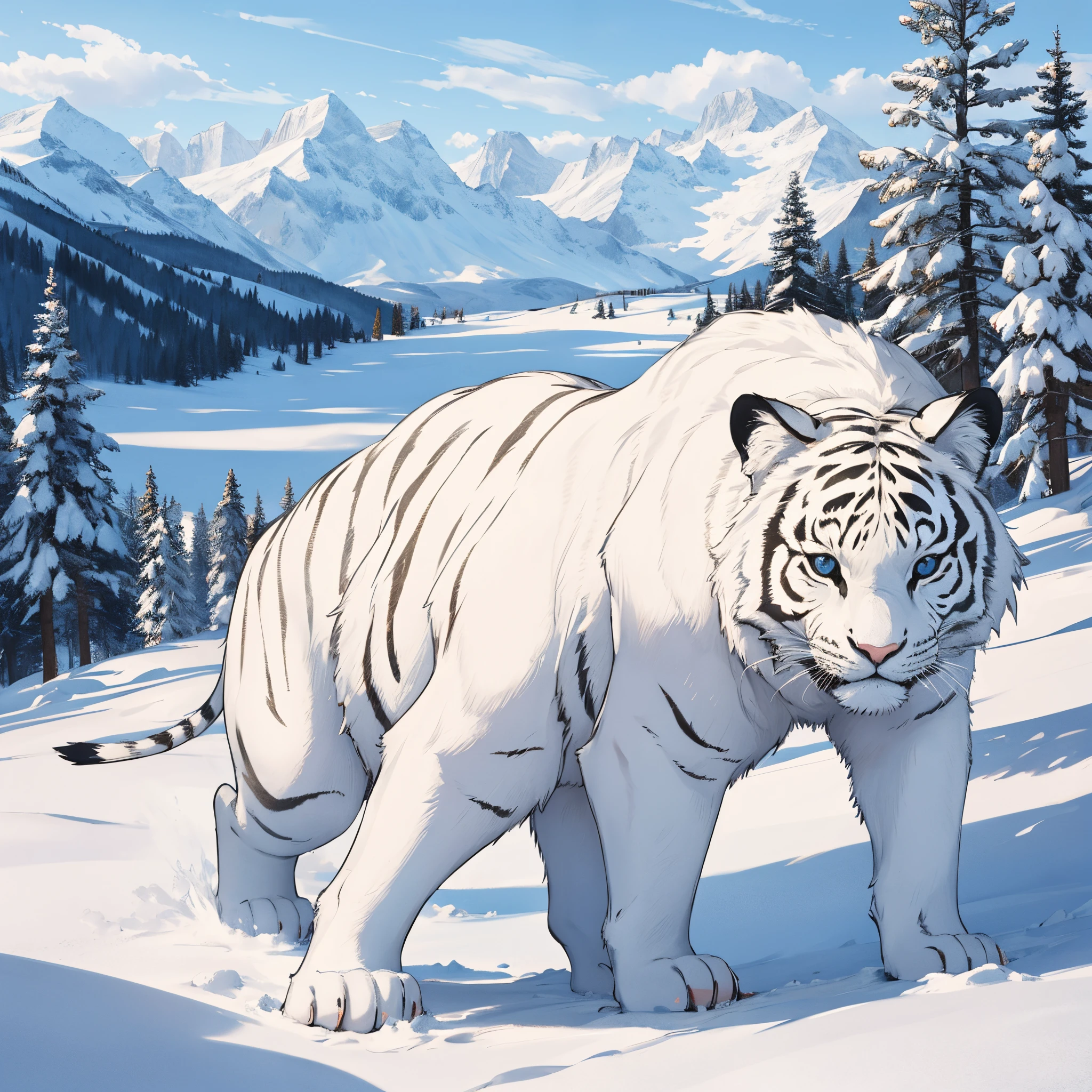 In the center of the snow-capped mountains, The majestic white tiger roars triumphantly, Echoing in the quiet sky. The pure white landscape contrasts sharply with the powerful presence of the roaring beast......, The serene beauty of the snow-capped peaks symbolizes strength and untamed beauty.......