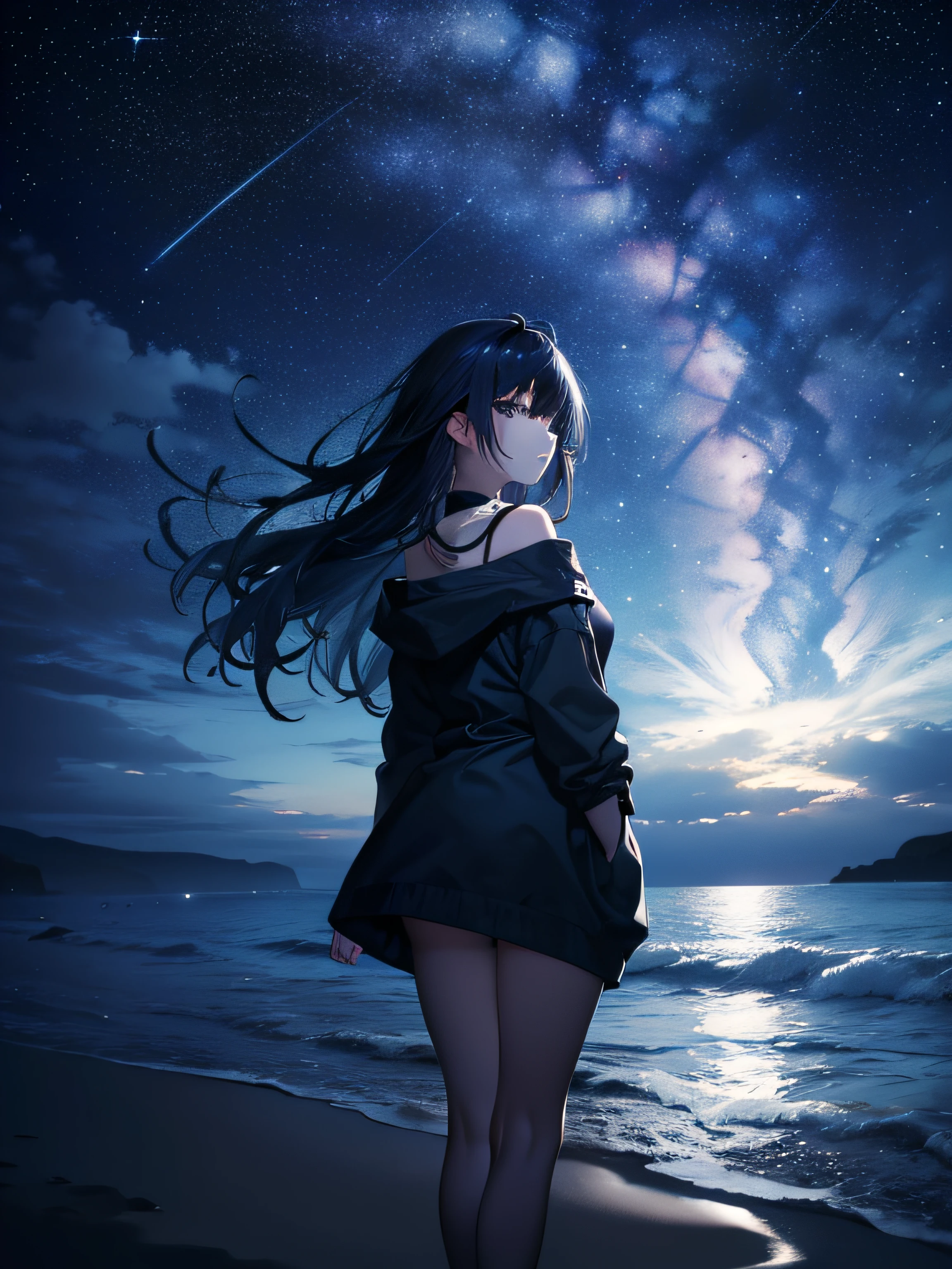 (Masterpiece, Best quality, ultra high resolution),1girl,dark blue hair,on the beach, night, fog, dark blue sky, starry sky,(grey and blue theme)