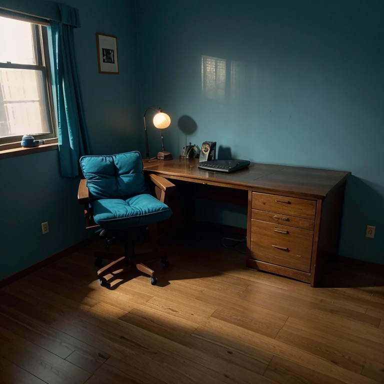 A dimly lit bedroom with dark oak walls and a chestnut brown floor. A dark blue bed with lighter hexagon patterns on it with a bright blue comforter on it and four fluffy pillows on the tops facing the camera. A thin, worn, wooden desk in the corner with a high tech, teal laptop sitting on the desk. A worn down, turquoise, gaming chair sitting in front of the desk. Clothes strewn around the room. A large painting of a midnight city above the desk. A large open window covered with with a light, see through, cerulean curtain billowing in the dusk light