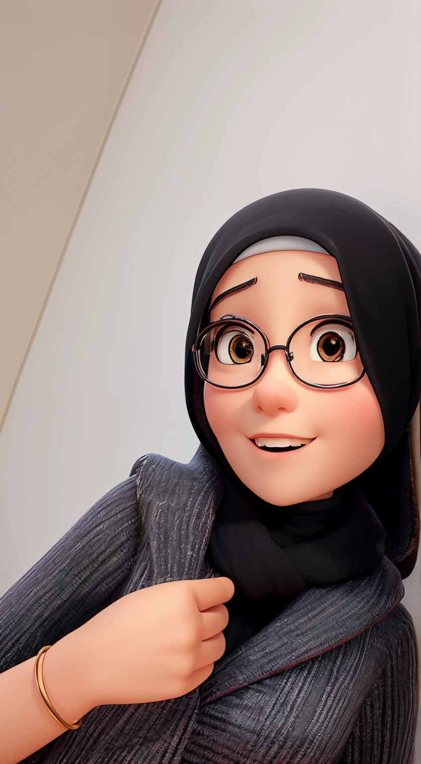 there is a woman wearing a black hijab and a black scarf, with accurate face, wearing round korean eyeglass, Cubby baby face style, 8k selfie photograph, face picture, with round face, close up potrait, hijab, captured on canon eos r 6, old picture, 🤤 girl portrait, instagram picture, faridah malik, she is facing the camera, potrait, shot on nikon z9, disney pixart style, 3D image
