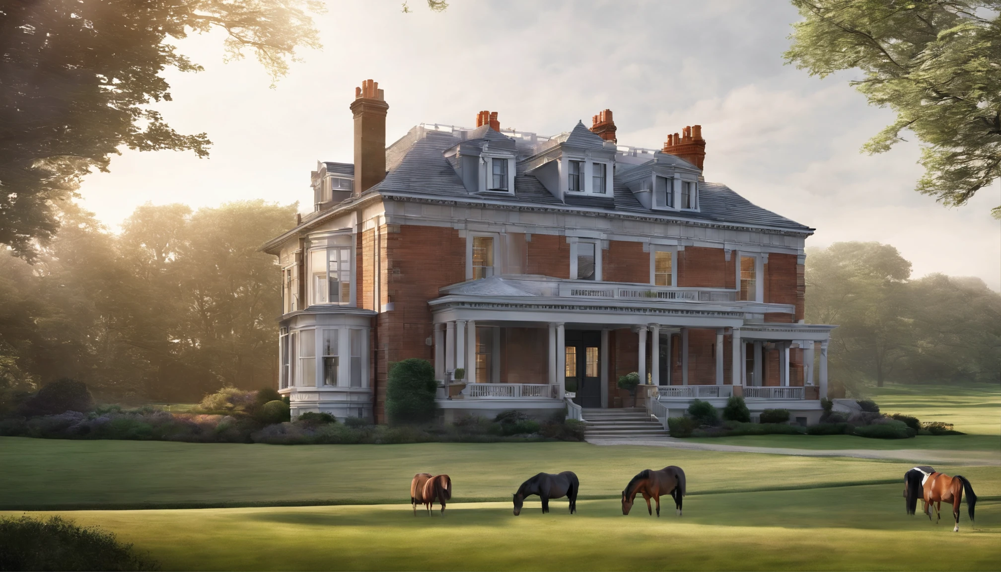A grand victorian mansion, English countryside, river, horses