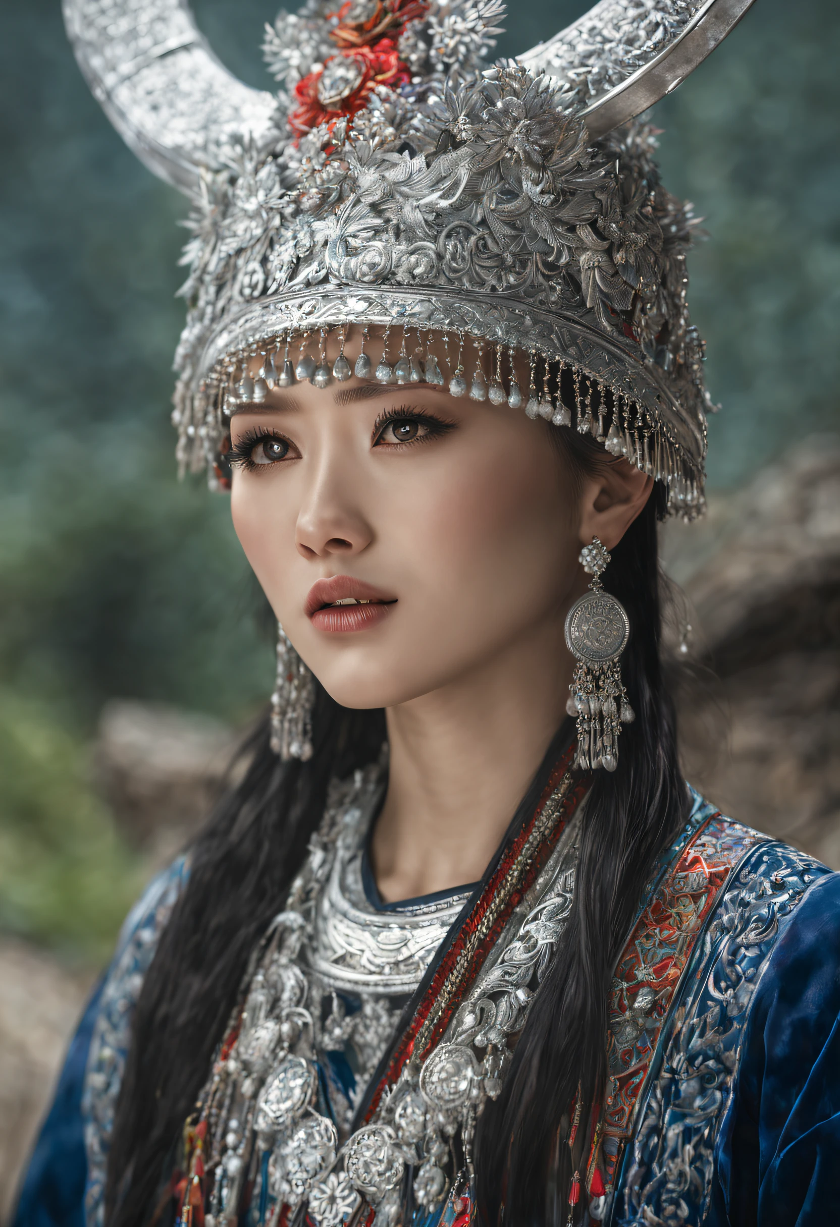 HDR,UHD,8K, best quality, masterpiece, absurdness, extremely detailed, miaoyuansu, hmong, miao8, 1girl, solo, black hair, realistic, long hair, jewelry, earrings, silver bull Horne on hat, upper body, looking at viewer, silky long straight hair, ornament, (very detail traditional clothes), hat, blurry background, portrait, makeup, headdress, eyelashes, photo realistic, intricate details, raw photo, photon rendering, octane render, absurdres, detailed face, detailed skin, trending on artstation, cinematic lighting, weapon, Miao nationality, Miao village, silver ornaments,