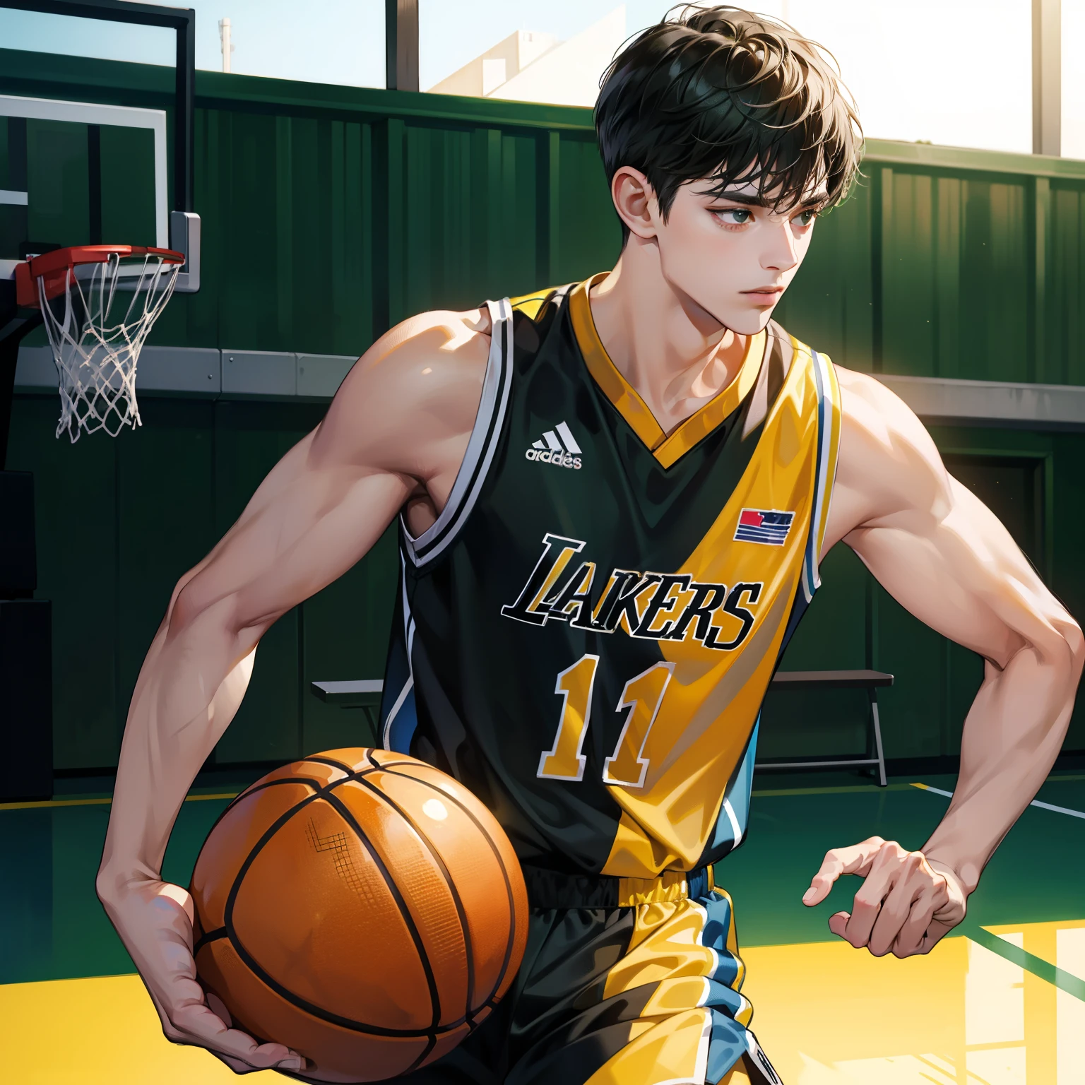 Masterpiece, high quality, best quality, HD, realistic, perfect lighting, detailed body, 1 man, Black eyes, short hair, Black Haircut, Wear Basketball, Green & Yellow Basket Uniform, basketball court background.