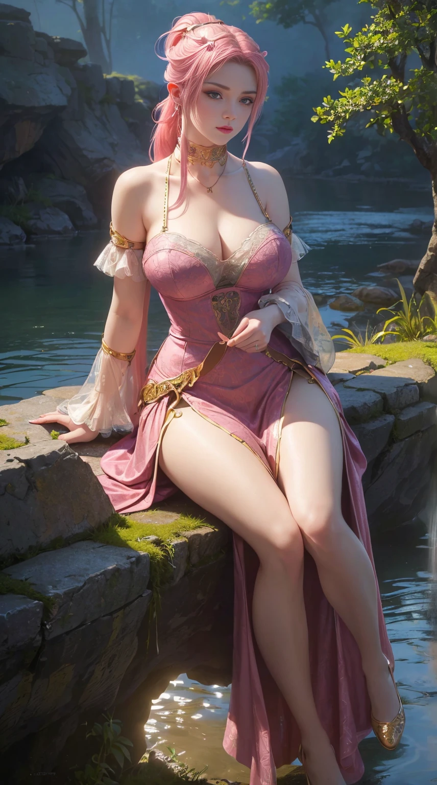 (best quality,8k restoration,wallpaper,ultra-detailed,meticulously crafted,portraying a massive figure,with a prominent bosom,playfully by a brook,bathed in the gentle moonlight,pink hair,ponytail,wearing lingerie,a dress)